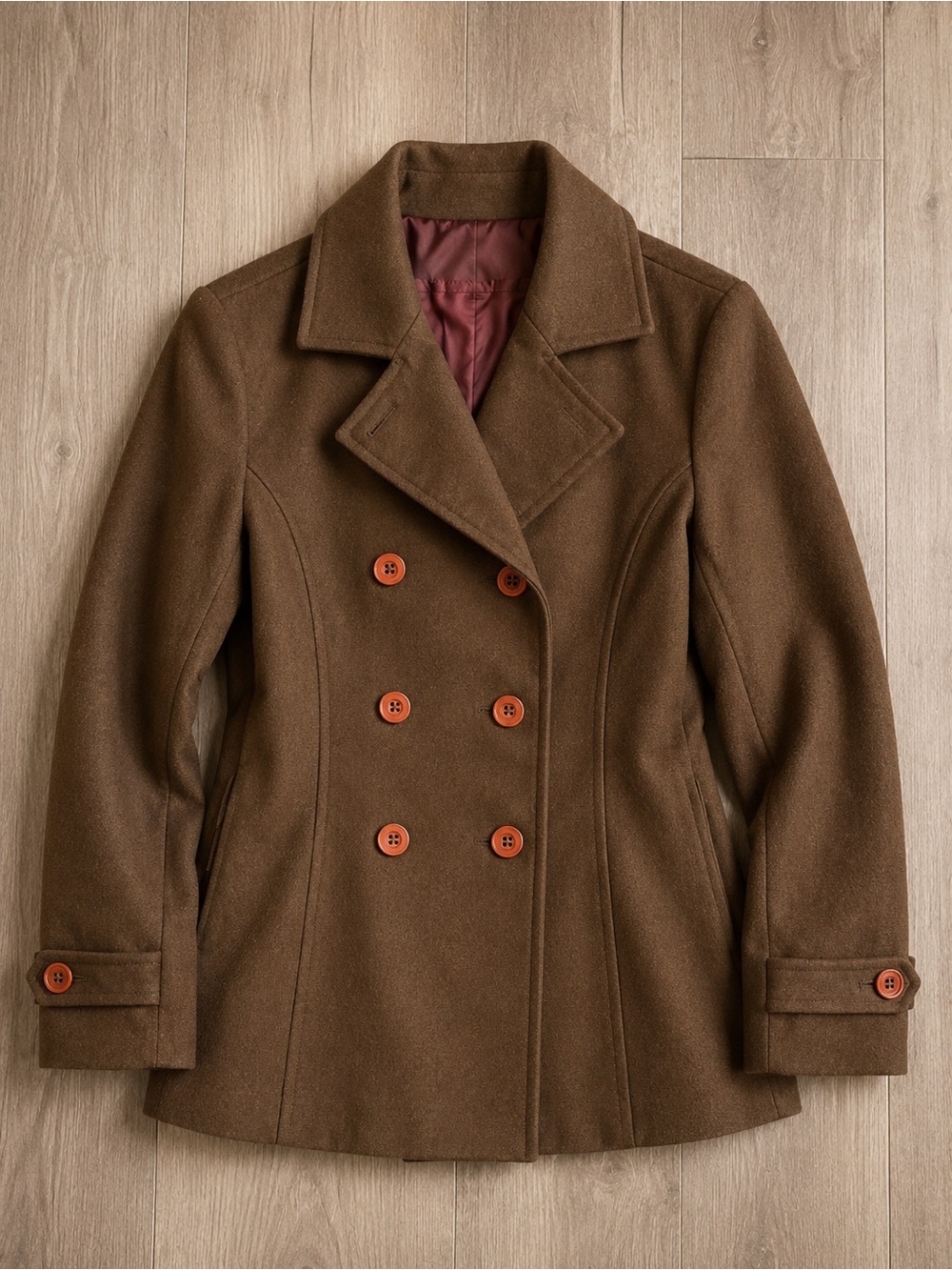 Brown Double-Breasted Peacoat Style Jacket | Lighter Brown Buttons